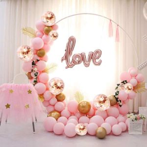 pastel pink balloon arch decorations with love foil
